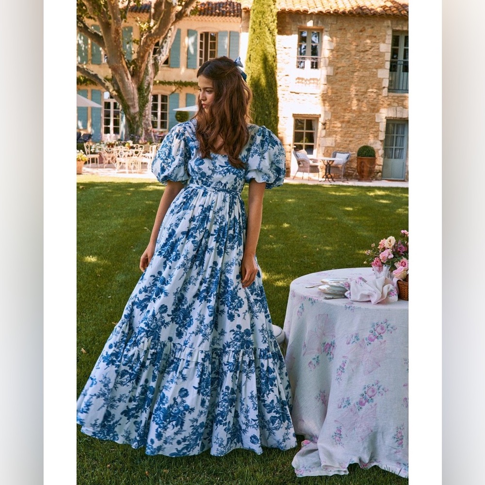 LoveShackFancy Blue & White Floral Puff Sleeve Danbury Dress Blue China